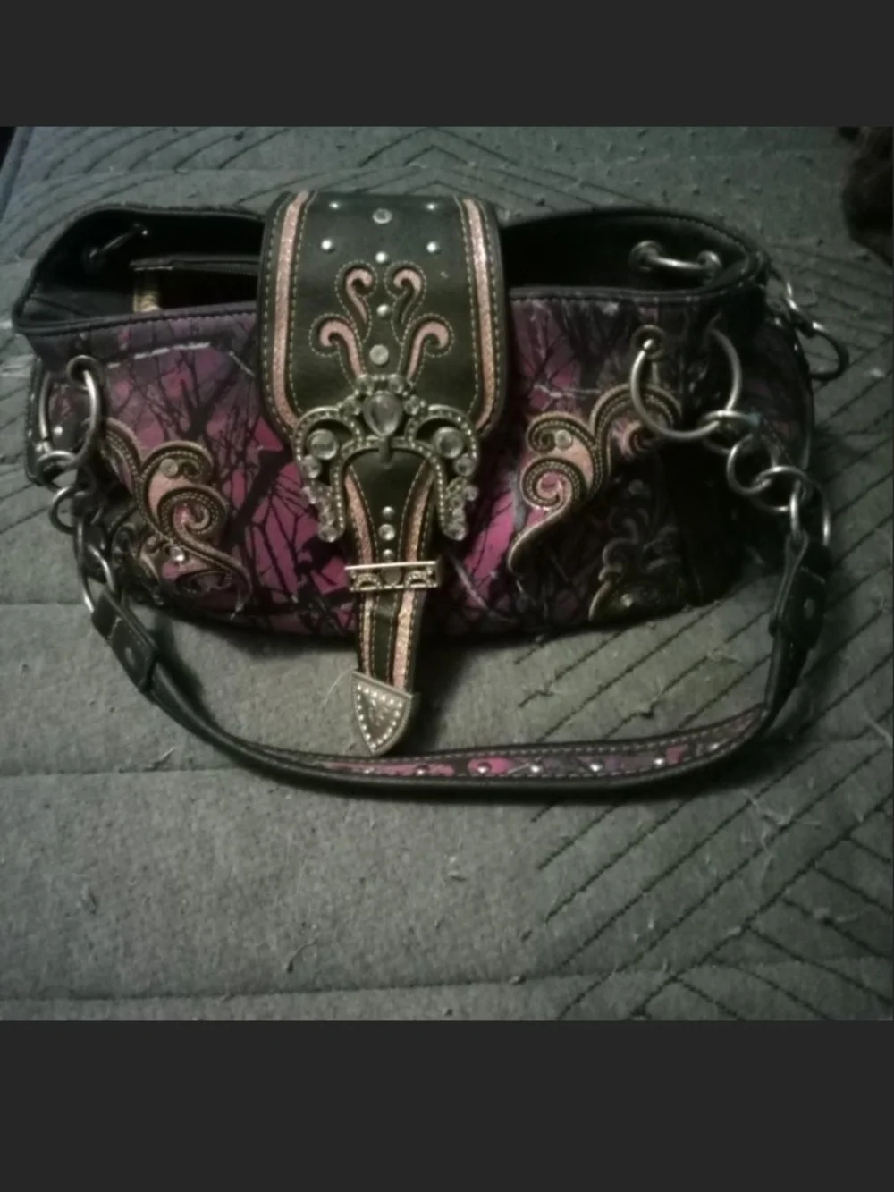 Ornate Purple Embellished Shoulder Bag with Buckle Accent